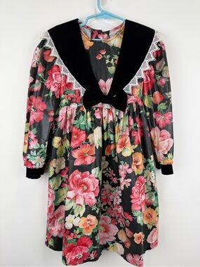 Jo Lene Vintage 1980s Floral Prairie Dress Black Velvet Lace Cottagecore Size 6
